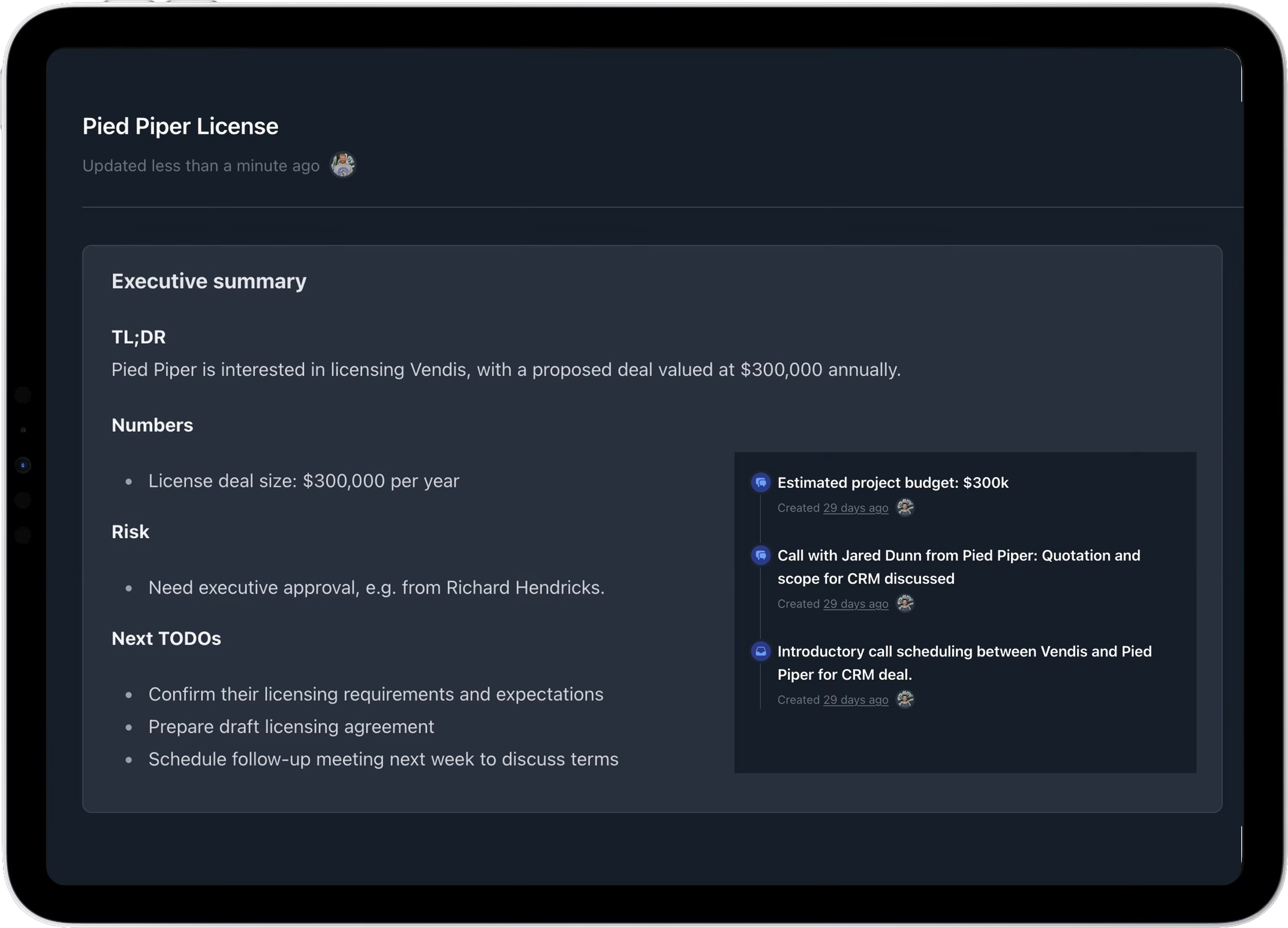 Vendis executive summary showing deal intelligence